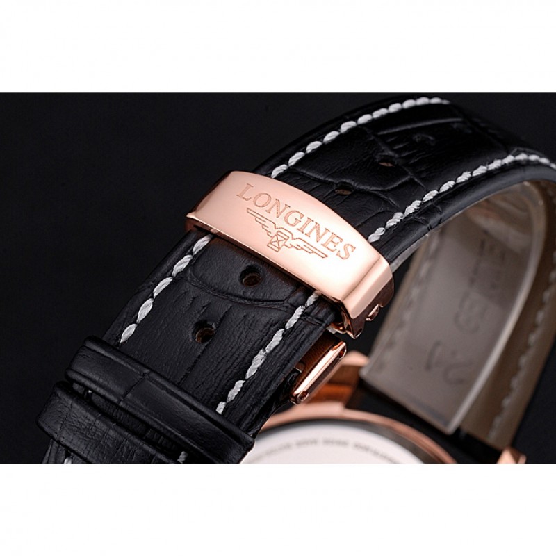 Longines Column Wheel Black Dial Gold Case Black Leather Strap-5