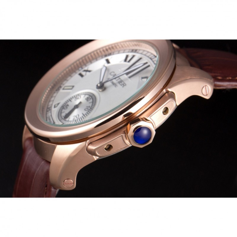 Best Cartier Calibre White Dial Gold Case Brown Leather Bracelet-5