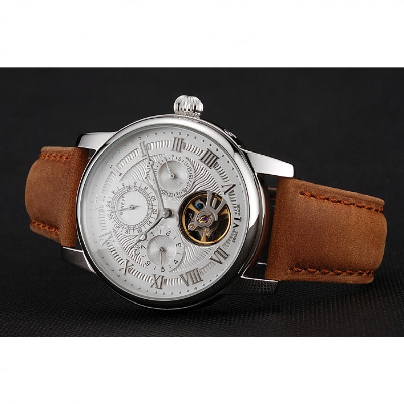 Patek Philippe Grand Complications Day Date Tourbillon Whie Dial Stainless Steel Case Brown Suede Leather Strap 1453817-3
