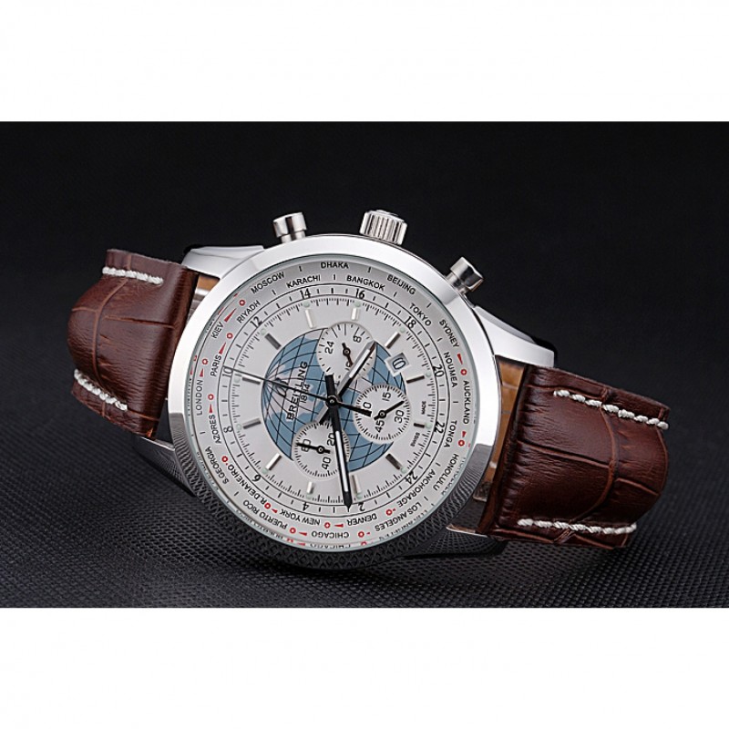 Breitling Transocean Chronograph Unitime White Dial Stainless Steel Case Brown Leather Bracelet 622244-4