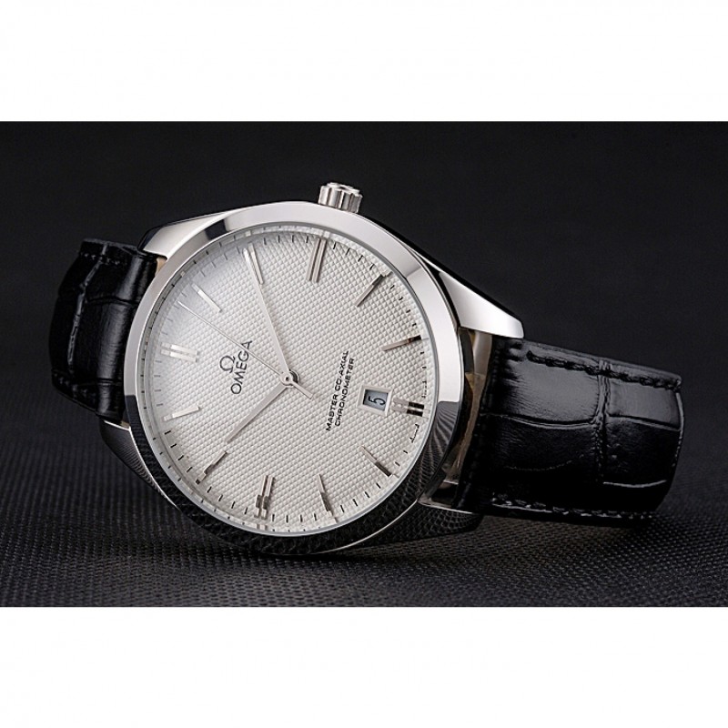High End Omega Tresor Master Co-Axial White Dial Stainless Steel Case Black Leather Strap-3