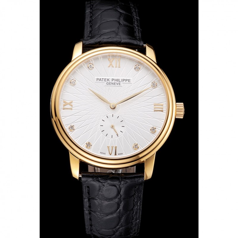 Patek Philippe Calatrava White Embossed Dial Gold Case Black Leather Strap-1