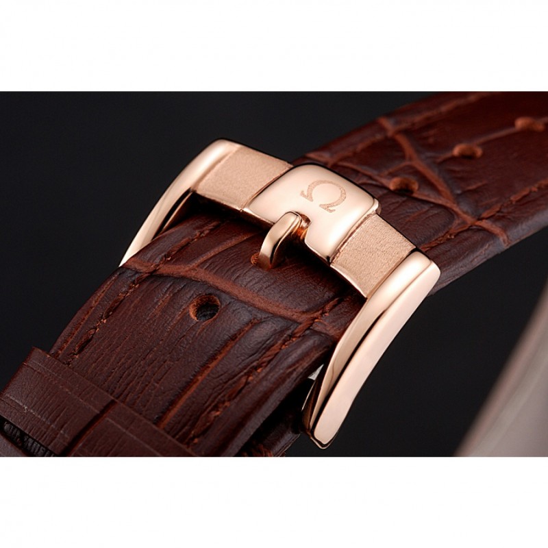 Omega De Ville Prestige White Dial Rose Gold Case Brown Leather Strap-5