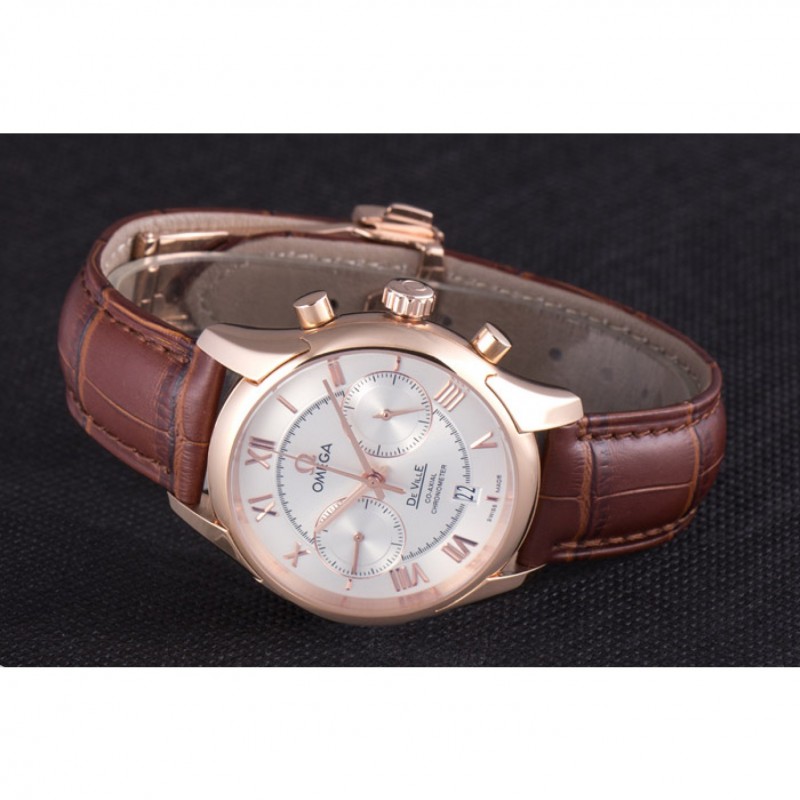 High Quality Replica Watches Omega DeVille Rose Gold Bezel with White Dial and Brown Leather Strap 621570-4