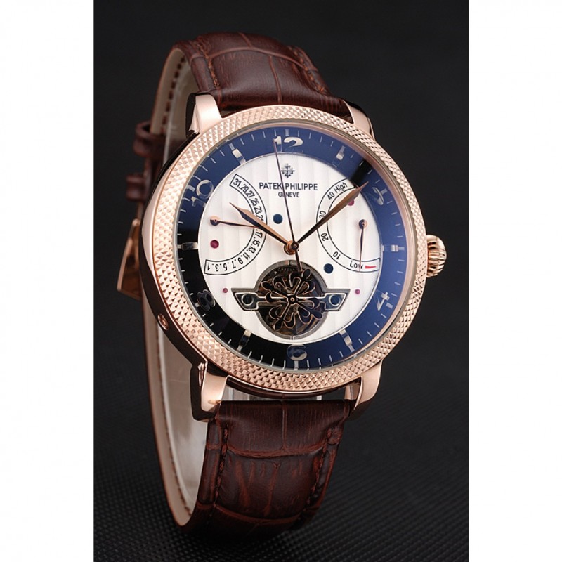 Patek Philippe Classic Tourbillon Power Reserve Black And White Dial Rose Gold Case Brown Leather Strap-2