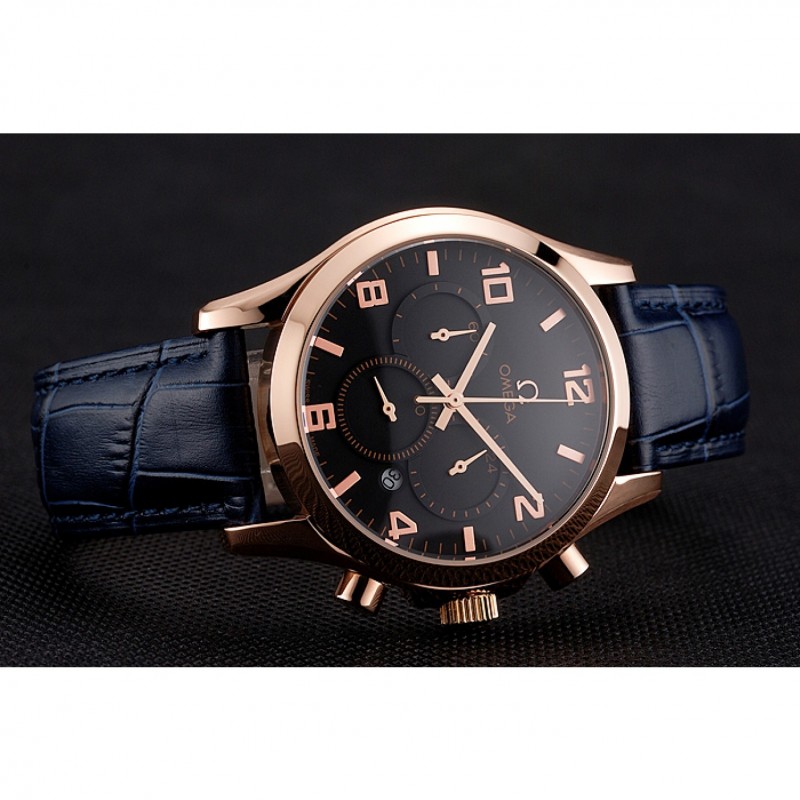 Best Replica Watches Omega Chronograph Black Dial Rose Gold Case Blue Leather Strap-4