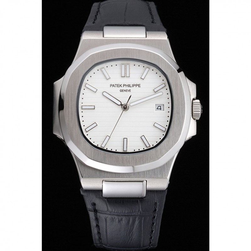 Patek Philippe Nautilus White Dial Brushed Stainless Steel Case Black Leather Strap-1