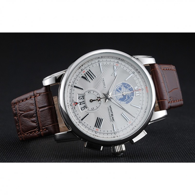 Cheap Replica Watches Montblanc Twinfly Chronograph White Dial Brown Leather Bracelet 1454117-3