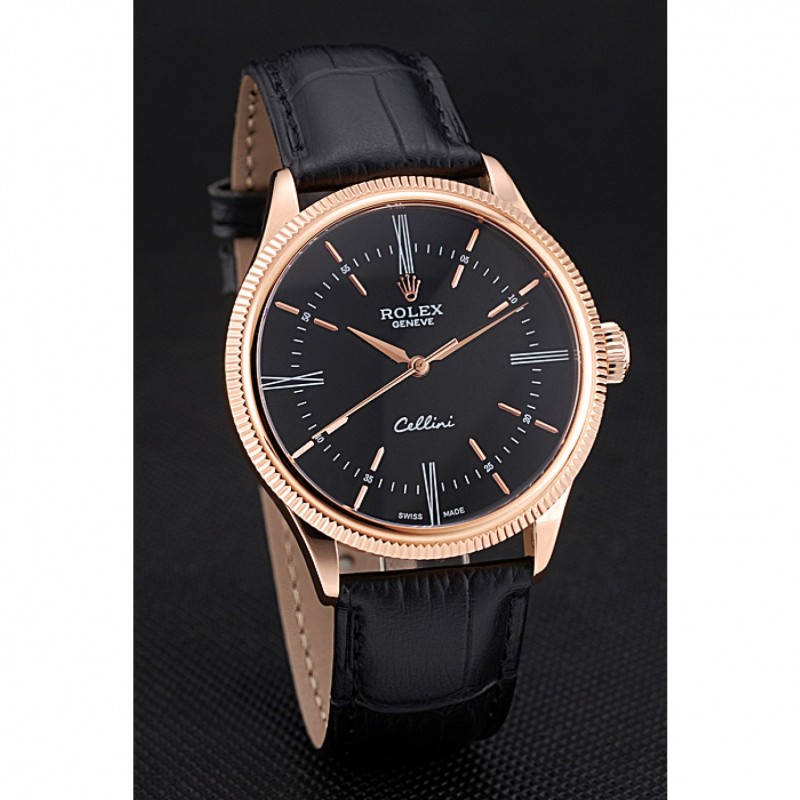Best Replica Watches Swiss Rolex Cellini Time Rose Gold Case Black Dial Black Leather Bracelet 622656-2