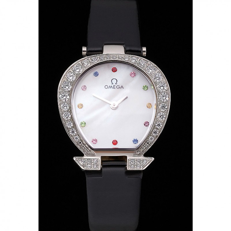 High End Replica Watches Omega Ladies Watch White Dial With Jewels Stainless Steel Case With Diamonds Case White Leather Strap 622826-1