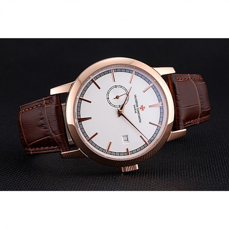 Swiss Vacheron Constantin Patrimony Contemporaine Rose Gold Case White Dial Brown Leather Bracelet 622680-3