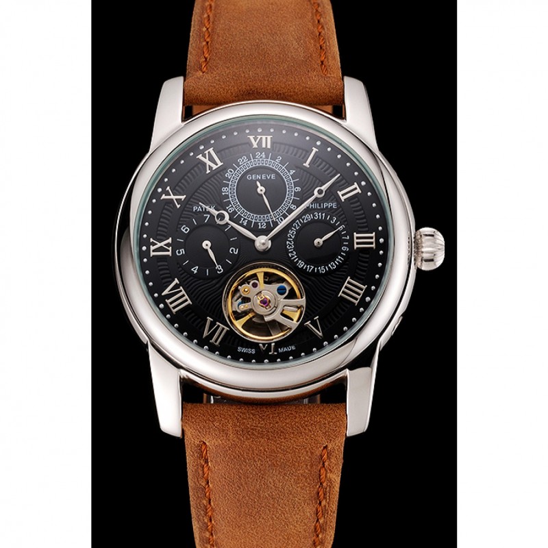 Patek Philippe Grand Complications Day Date Tourbillon Black Dial Numerals Stainless Steel Case Brown Suede Leather Strap 1453816-1