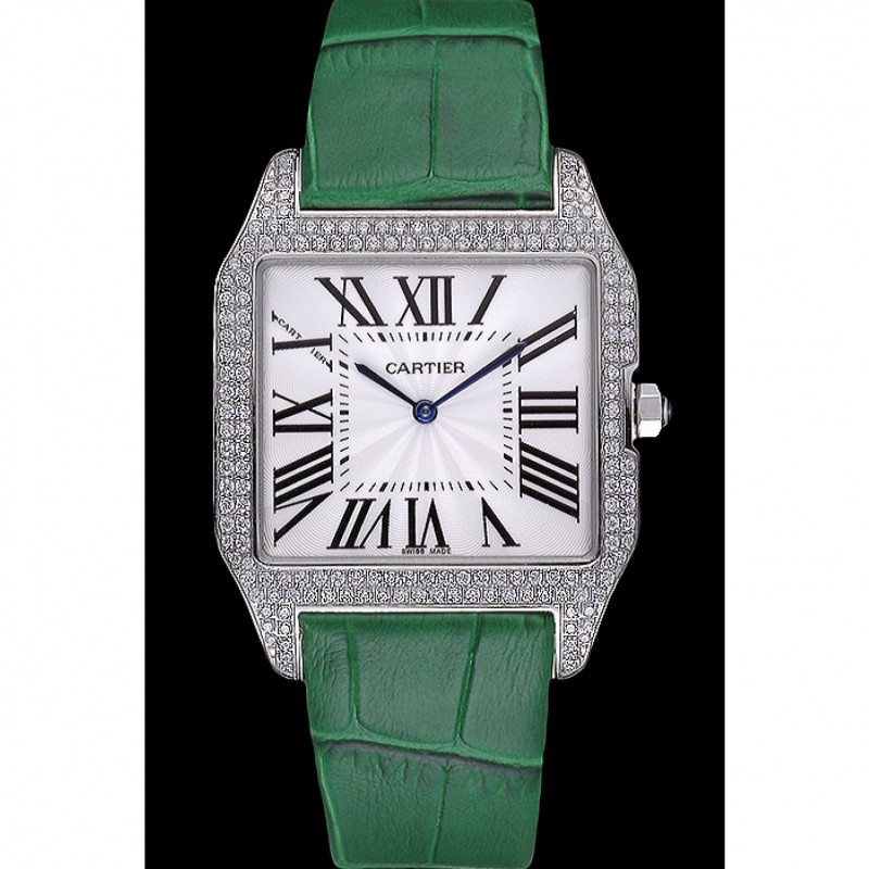 High End Replica Watches Cartier Santos 100 Diamond Silver Bezel 621929-1
