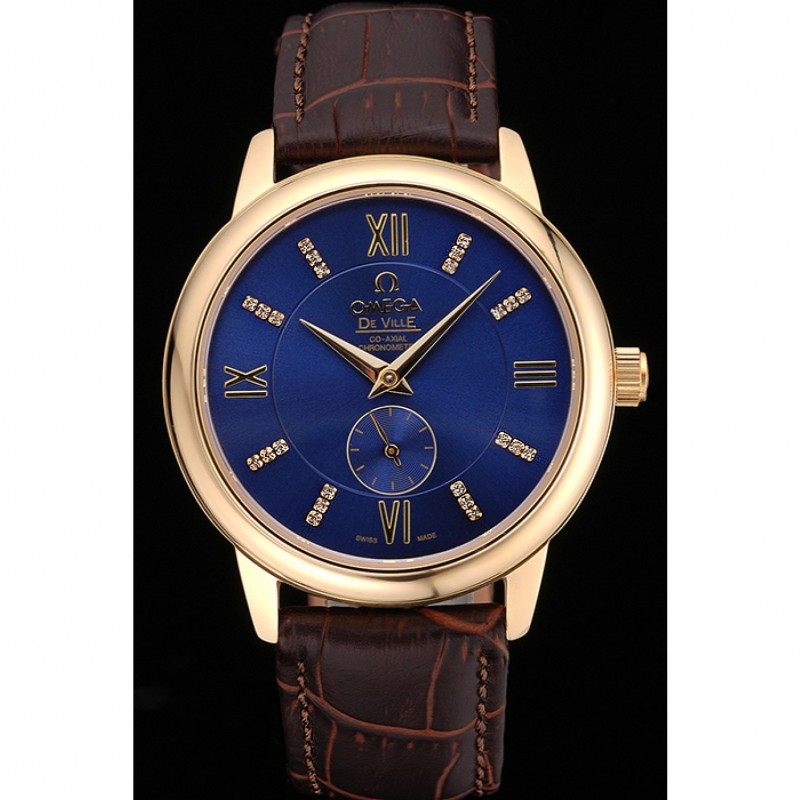 Omega DeVille Prestige Small Seconds Blue Dial Gold Case Brown Leather Bracelet 622601-1