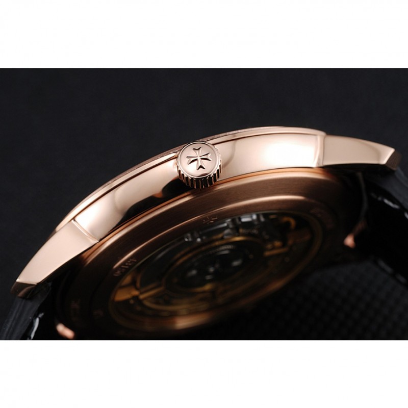 AAA Swiss Vacheron Constantin Patrimony Black Dial Rose Gold Diamonds Case Black Leather Bracelet 1454175-8