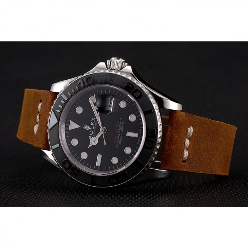 Rolex Yacht Master Black Dial Silver Case Brown Leather Bracelet 1453859-2