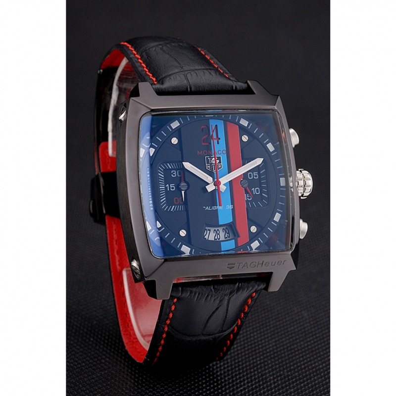SS Replica Watches Tag Heuer Monaco Calibre 36 Blue And Red Dial Stripes Dial Black Leather Strap 622272-2