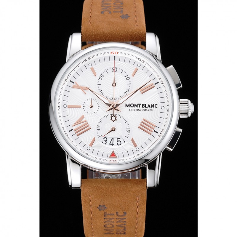 Montblanc Chronograph White Dial Brown Suede Leather Bracelet Silver Case 1454115-1