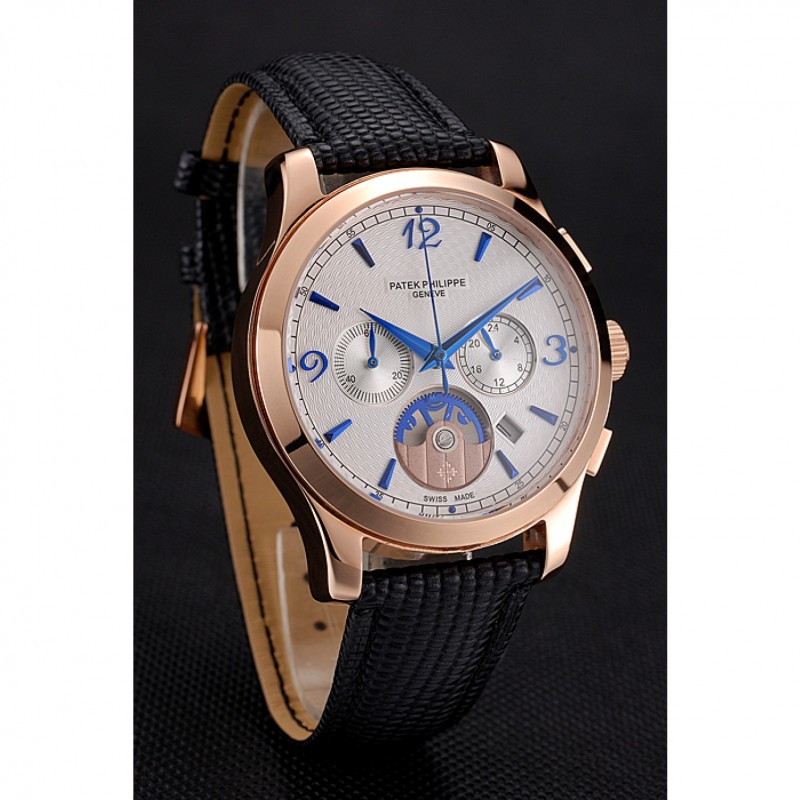 Patek Philippe Chronograph White Guilloche Dial Rose Gold Case Black Leather Strap-2