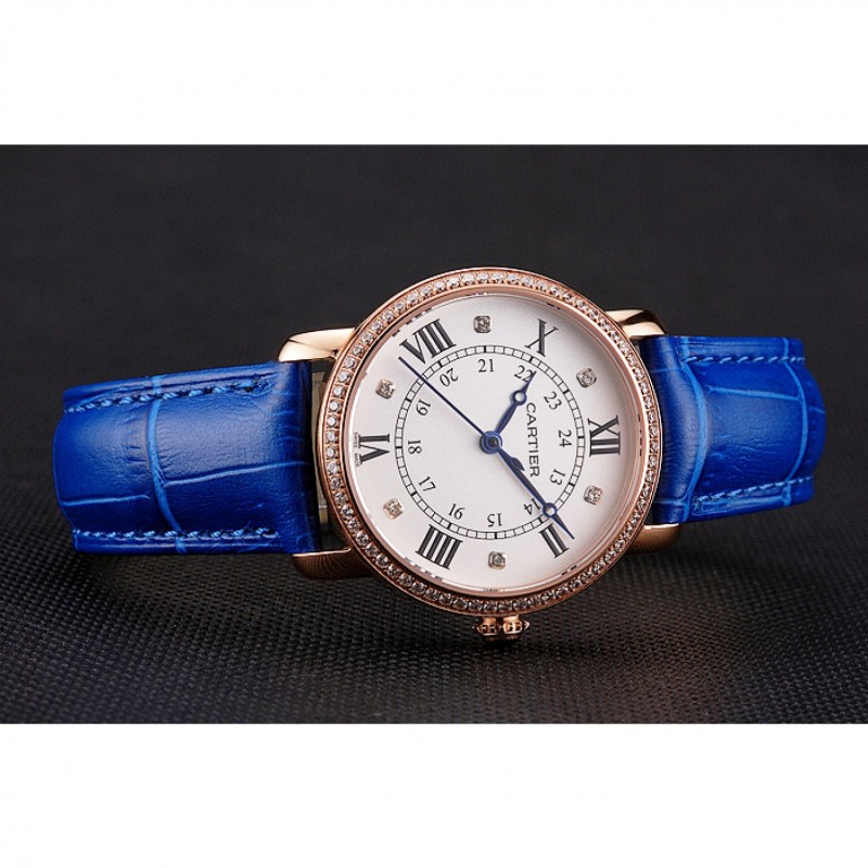 Cartier Ronde White Dial Diamond Bezel Rose Gold Case Blue Leather Strap-3