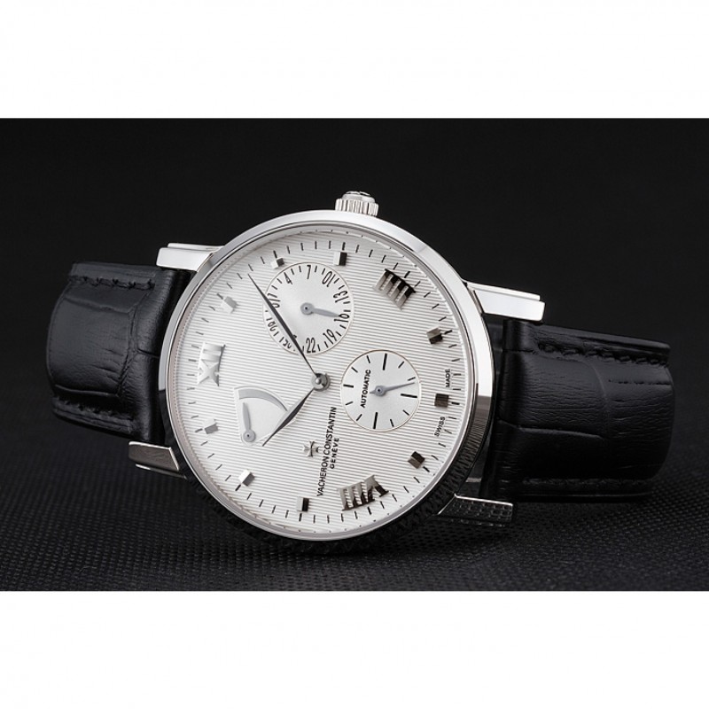 Cheap Swiss Vacheron Constantin Patrimony Quantieme Reserve De Marche White Dial Stainless Steel Case Black Leather Strap-3