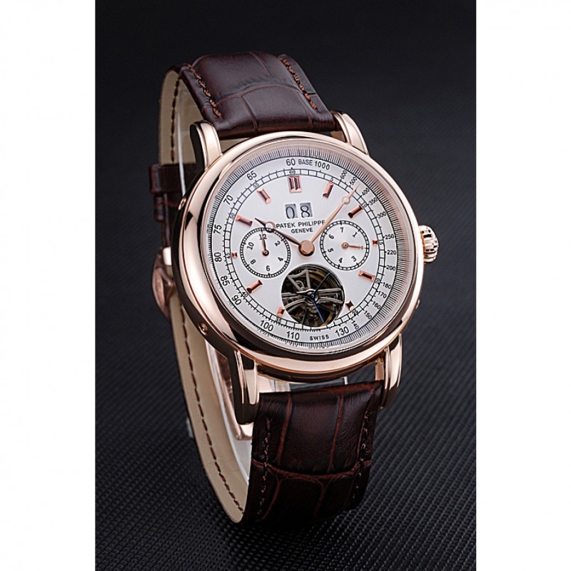 Patek Philippe Geneve Grand Complications White Dial Tourbillon Rose Gold Bezel Brown Band 622156-2