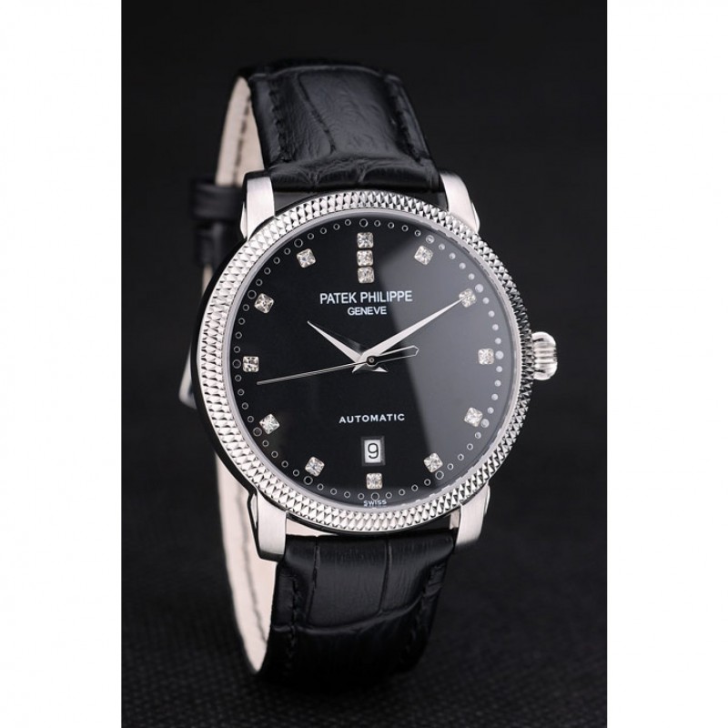 Patek Philippe Swiss Calatrava Ribbed Bezel Black Dial Black Leather Strap 7661-2