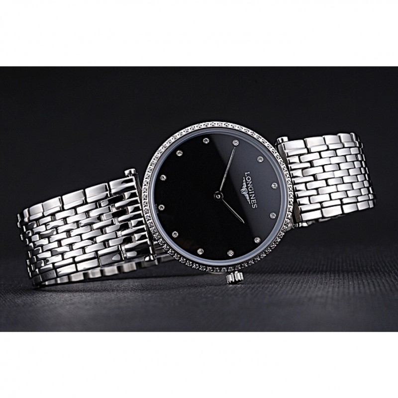 Longines La Grande Classique Stainless Steel Black Dial Diamond Bezel Homme 622107-3