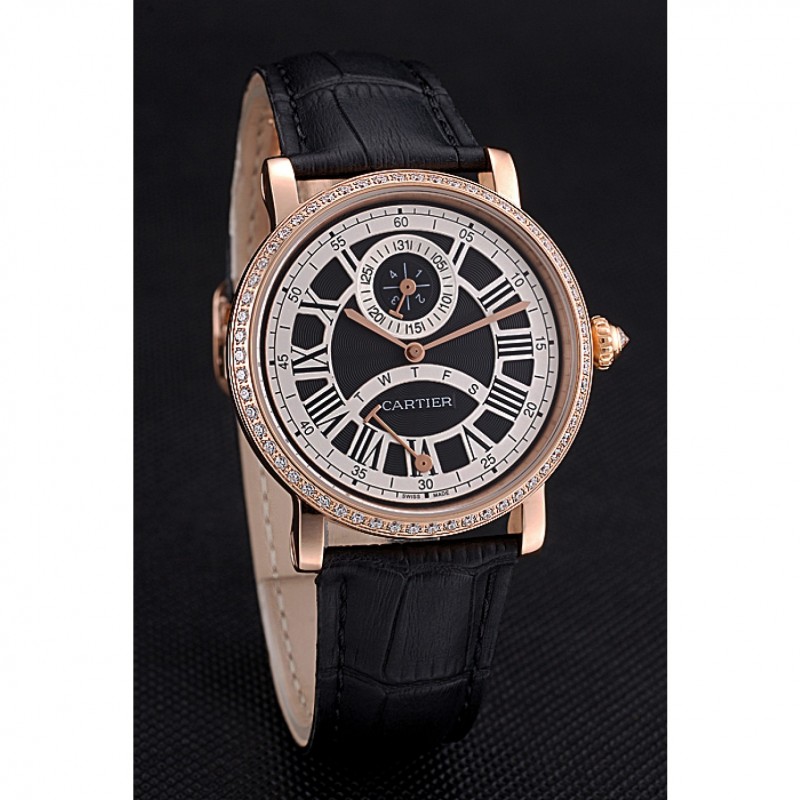 High Quality Replica Watches Cartier Rotonde Black And White Dial Gold Case With Jewels Black Leather Strap 622758-2