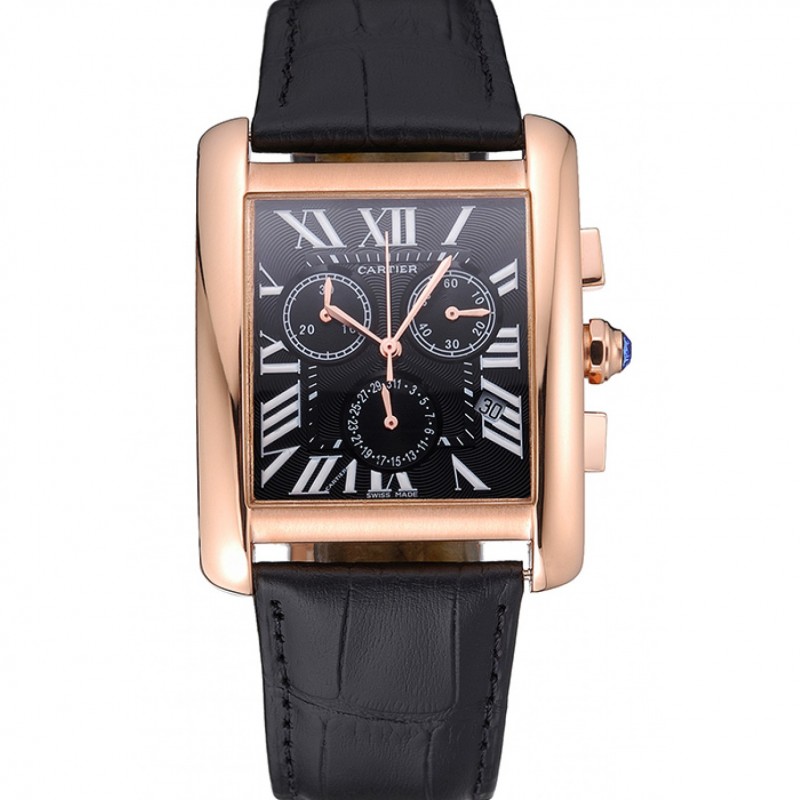 High Quality Cartier Tank MC Black Dial Gold Case Black Leather Bracelet 622694-0
