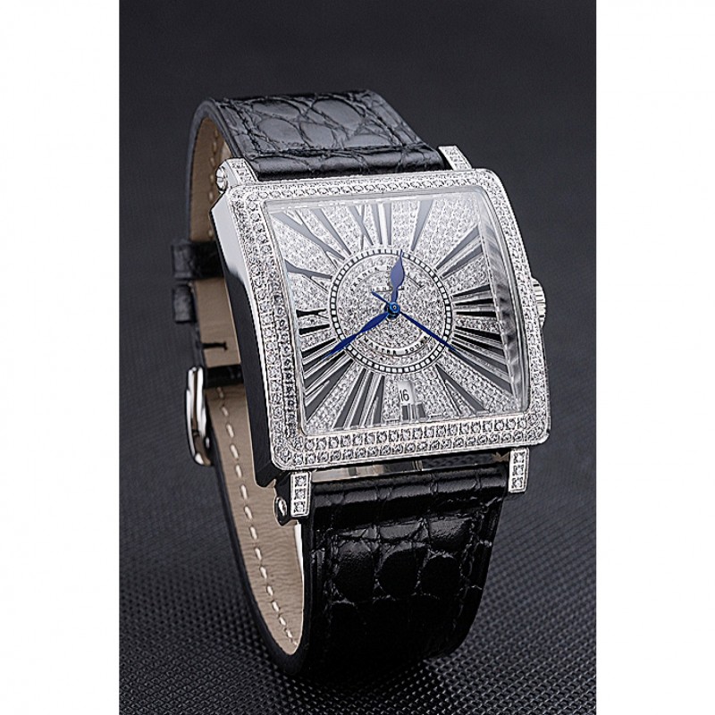 Luxury Replica Watches Franck Muller Master Square Diamonds Dial Diamonds Case Black Leather Band 622358-1