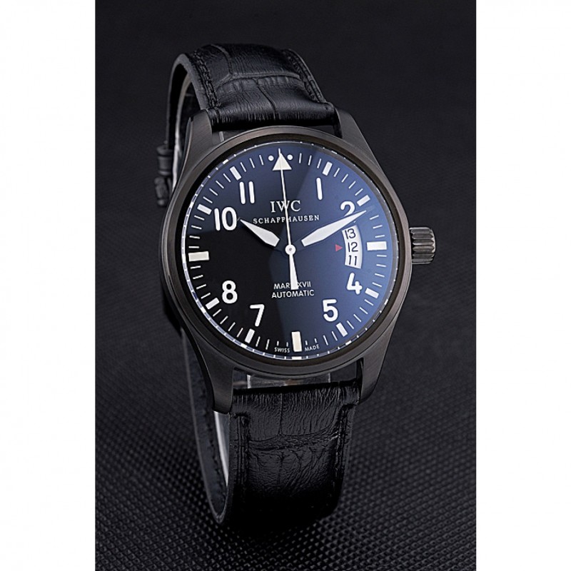 Cheap Replica Watches Swiss IWC Mark XVII Black Steel Case Black Dial Black Leather Bracelet 622667-2