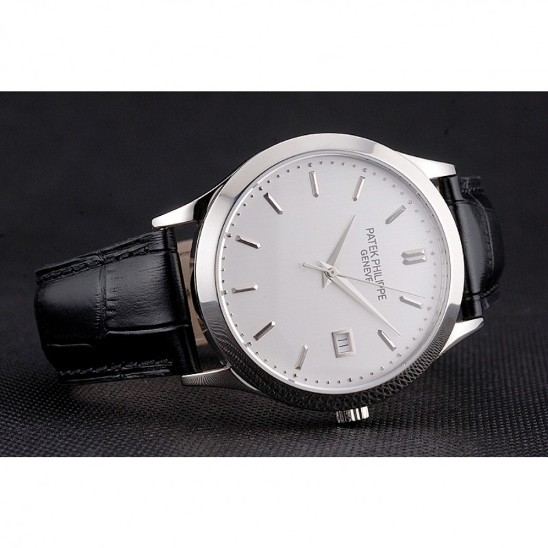 Swiss Patek Philippe Calatrava Silver Dial Stainless Steel Case Black Leather Strap-3