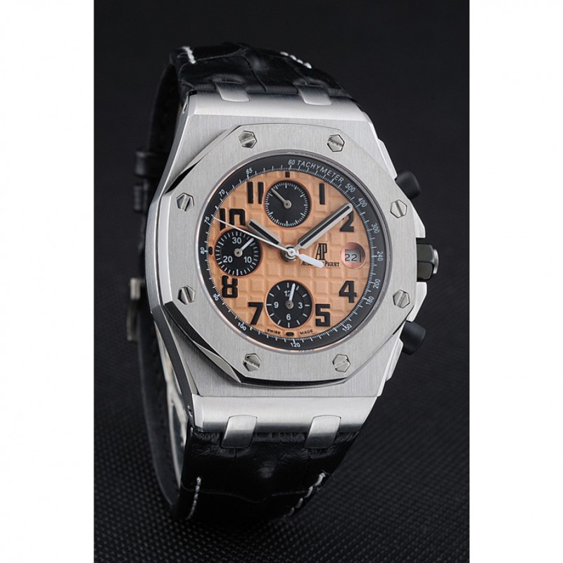 Swiss Audemars Piguet Royal Oak Offshore Gold Dial Stainless Steel Case Black Leather Strap 622849-2