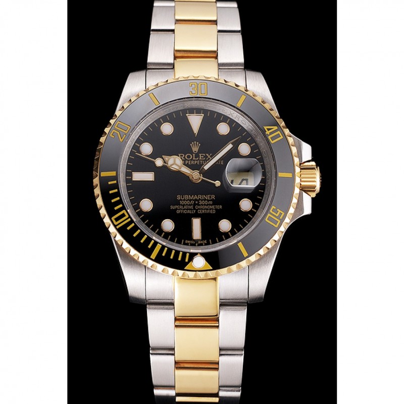 Swiss Rolex Submariner Black Dial And Bezel Two Tone Steel Gold Bracelet-1