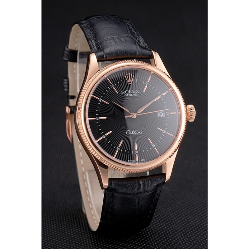 AAA Replica Watches Swiss Rolex Cellini Date Black Dial Rose Gold Markings Rose Gold Case Black Leather Strap-2
