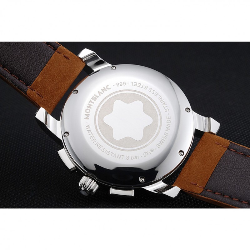 Montblanc Chronograph White Dial Brown Suede Leather Bracelet Silver Case 1454115-5