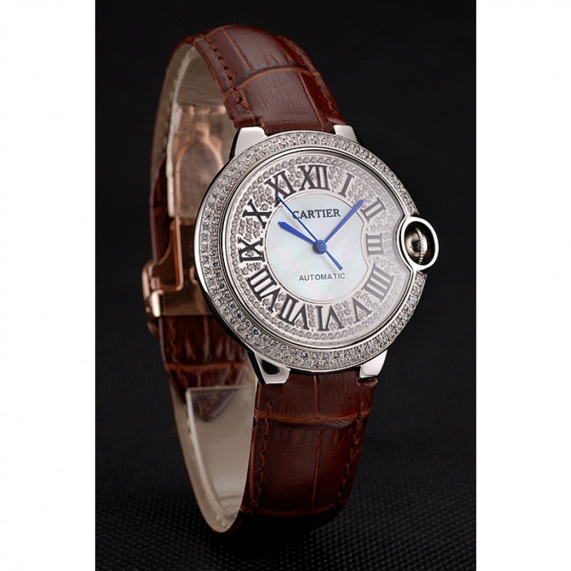 High End Replica Watches Swiss Cartier Ballon Bleu 46 MM Diamond Dial Diamond Case Brown Leather Bracelet 1453895-1