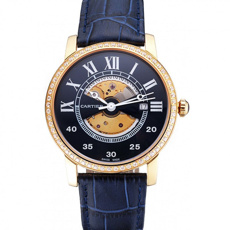 Swiss Cartier Rotonde Small Complication Blue Dial Gold Diamond Case Blue Leather Strap-0