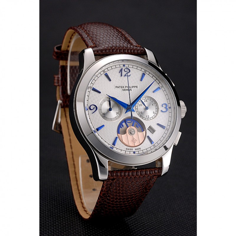 Cheap Patek Philippe Chronograph White Guilloche Dial Blue Hands Stainless Steel Case Brown Leather Strap-2