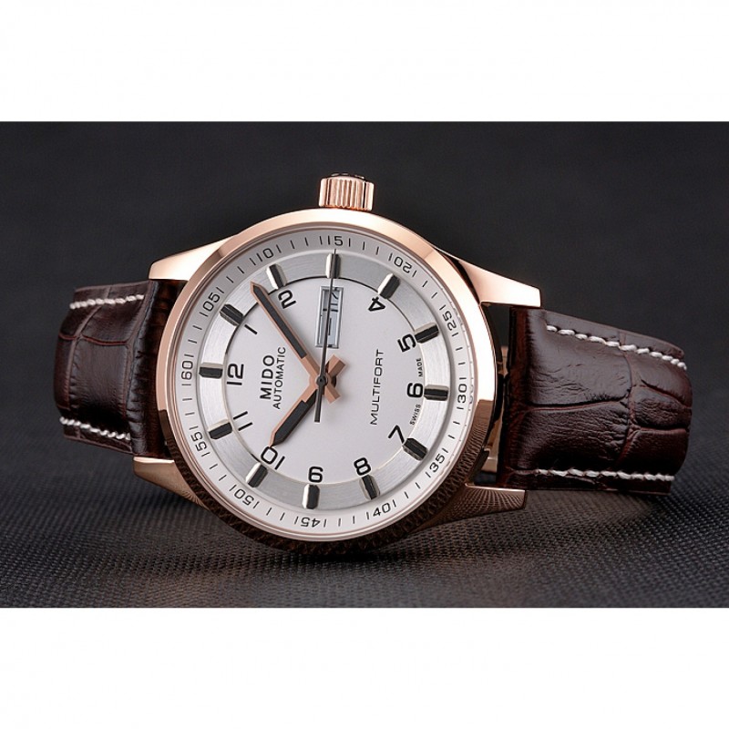 Mido Multifort Brown Croco Leather Strap White-Silver Dial 80300-4