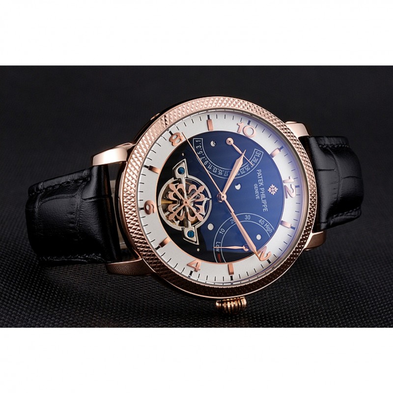 Best Replica Watches Patek Philippe Classic Tourbillon Power Reserve Black And White Dial Rose Gold Case Black Leather Strap-3