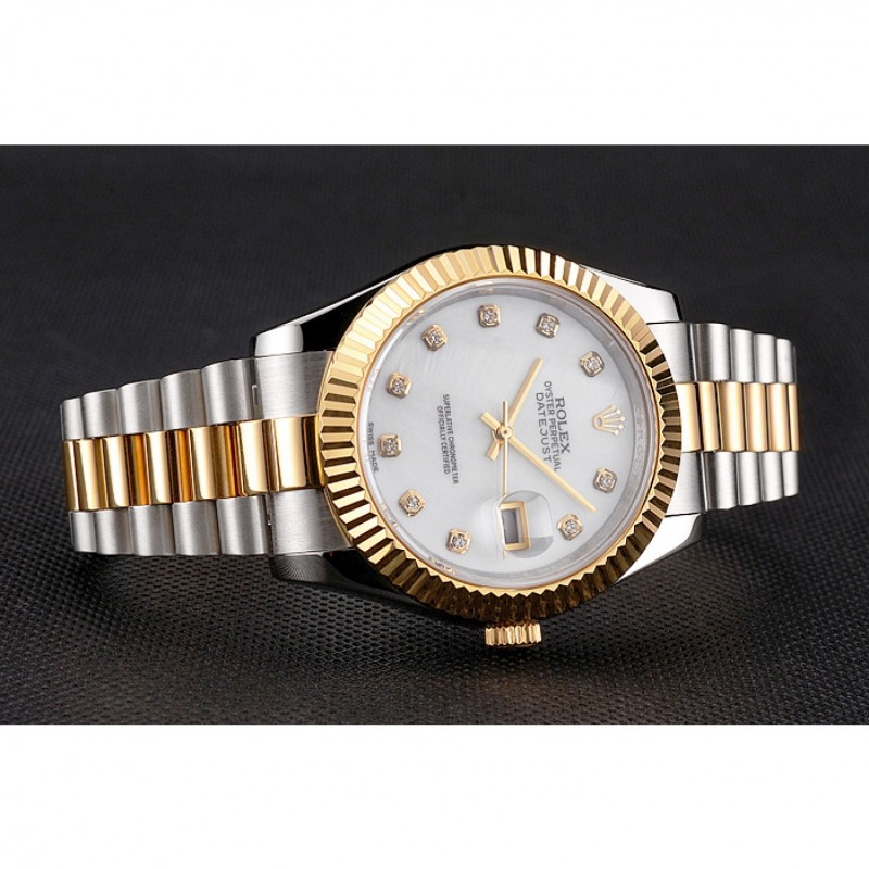Luxury Replica Watches Swiss Rolex Datejust White Dial Diamond Hour Marks Gold Bezel Stainless Steel Case Two Tone Bracelet-3