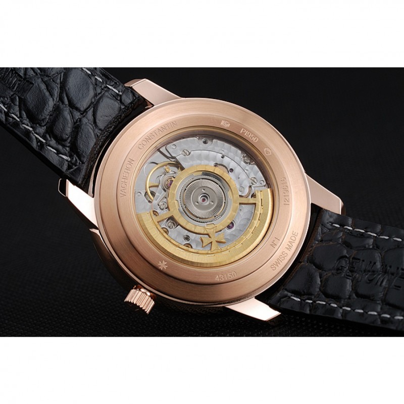 Swiss Vacheron Constantin Patrimony White Dial Rose Gold Case Black Leather Bracelet 1454165-8