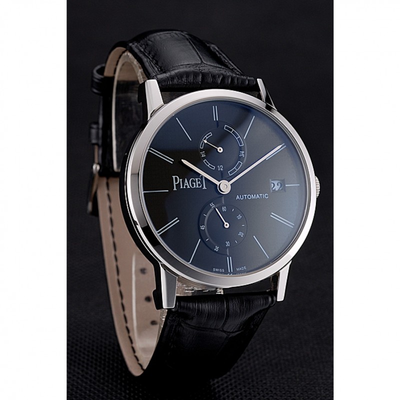 Cheap Piaget Altiplano Date Black Dial Stainless Steel Case Black Leather Strap-2