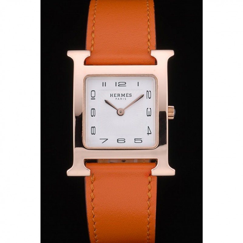 Cheap Hermes Heure H Rose Gold Bezel Orange Leather Strap White Dial 80234-1