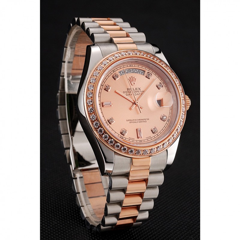 AAA Swiss Rolex Day-Date Diamonds Bezel Rose Gold And Staineless Steel Bracelet 1454107-2