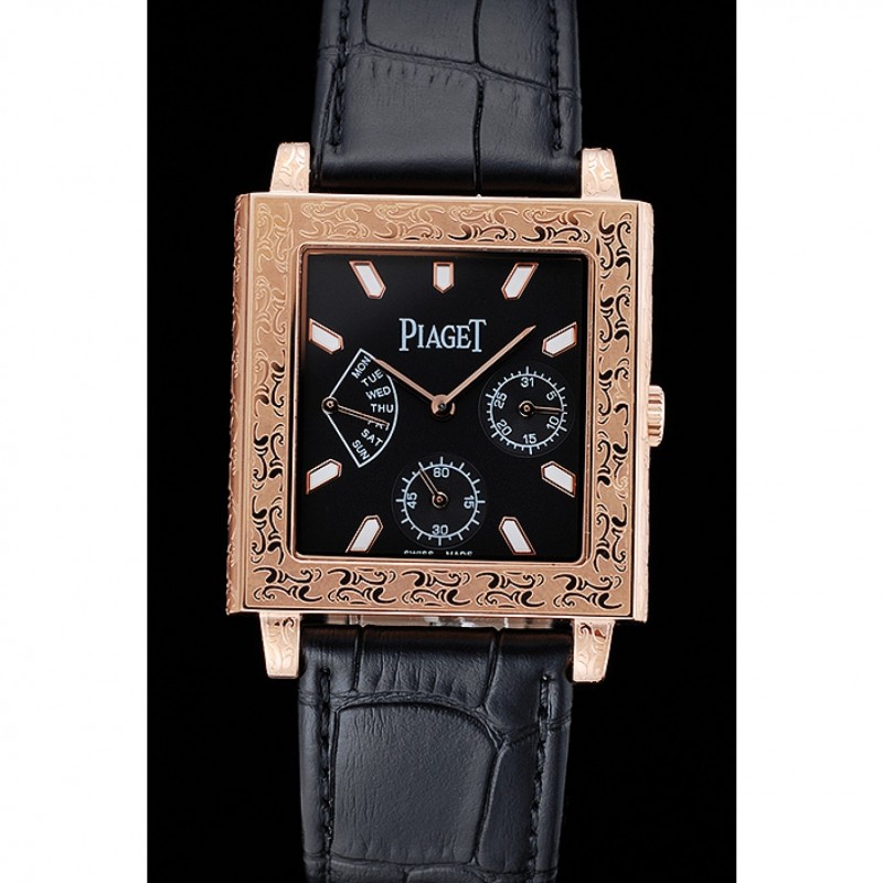 Piaget Emperador Limited Edition Black Dial Engraved Gold Case Black Leather Bracelet 1454137-1