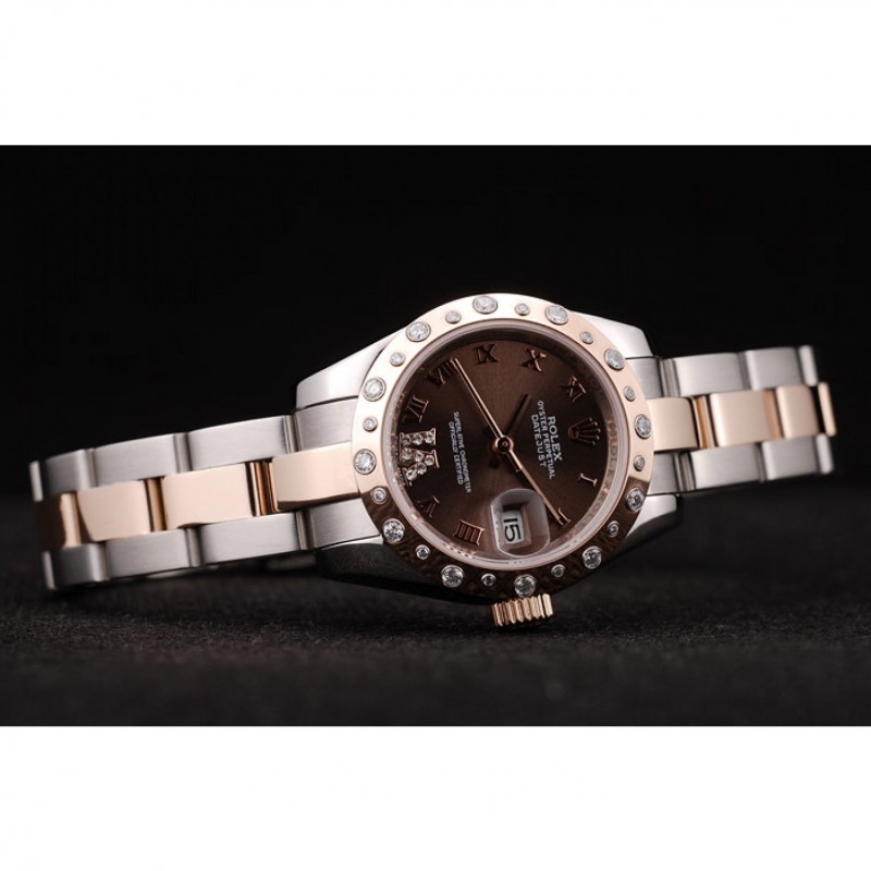 Rolex DateJust Brushed Stainless Steel Case Brown Dial Diamond Plated-3