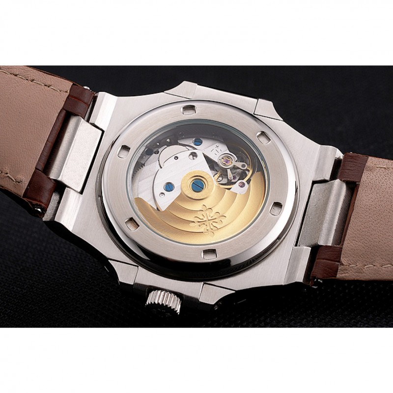 High Quality Patek Philippe Nautilus Gray Dial Stainless Steel Case Brown Leather Strap-8